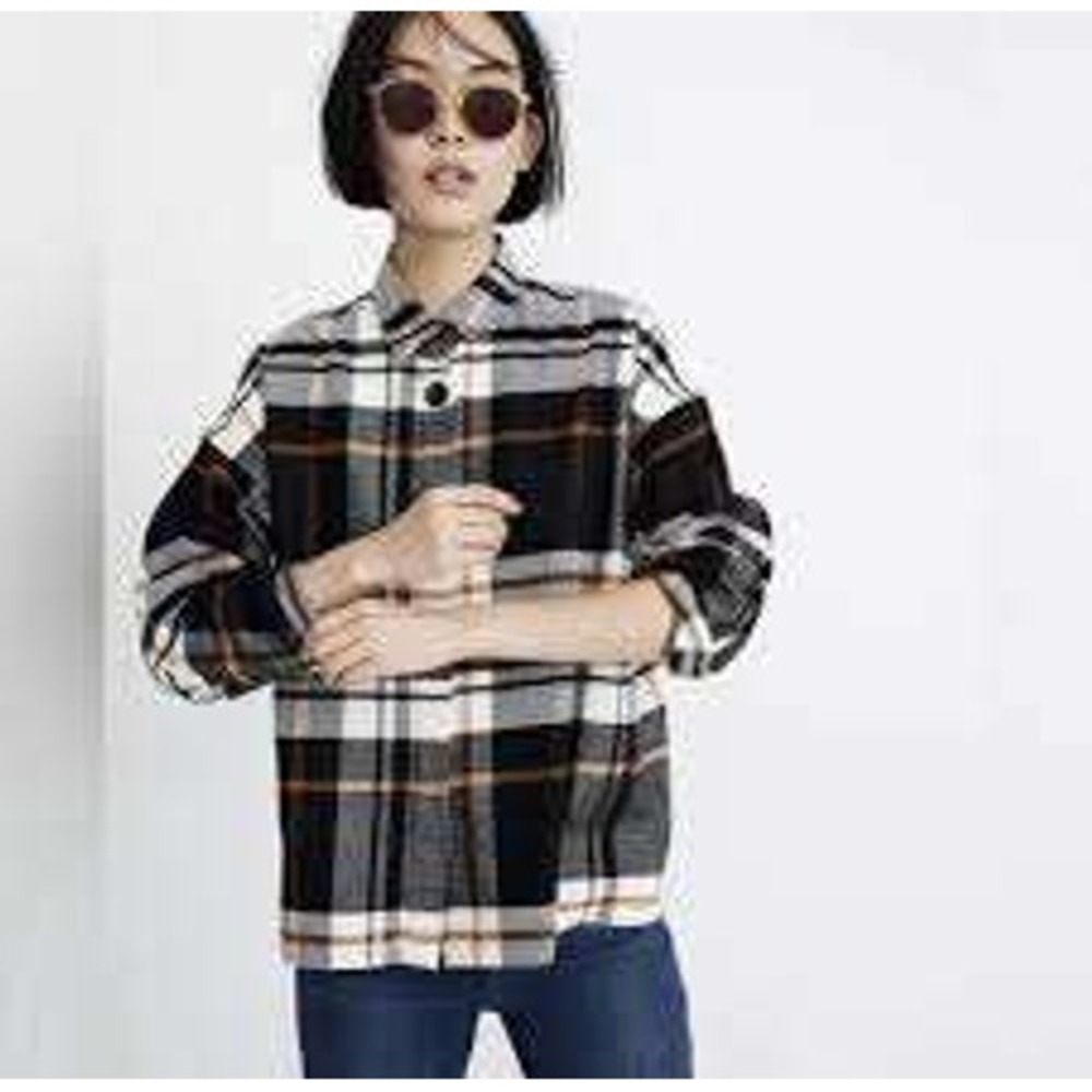 Madewell Oversized BROMLEY Plaid Flannel‎ Shirt Black White Orange Cotton XXS